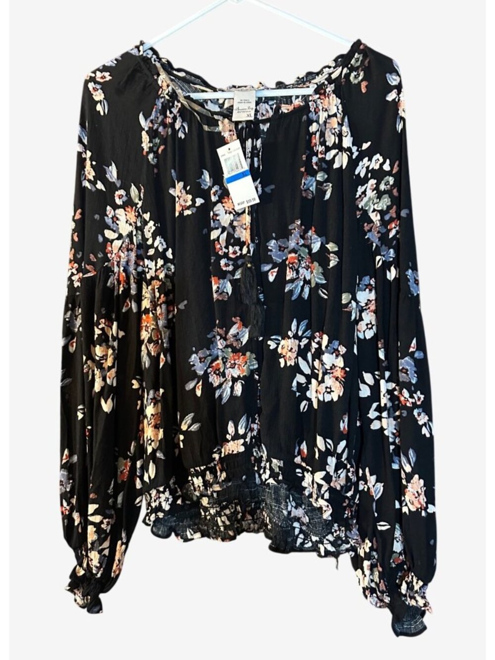 American Rag Black Floral Smocked Hem Blouse XL MSRP $59.50